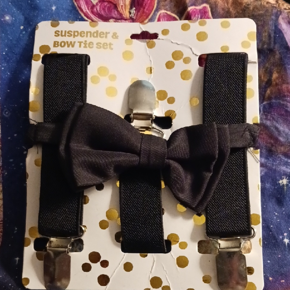 Black Bow Tie & Elastic Adjustable Suspenders Set